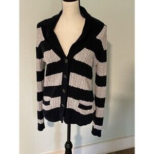 Tommy Hilfiger striped button cardigan chunky cable-knit pattern navy gray M